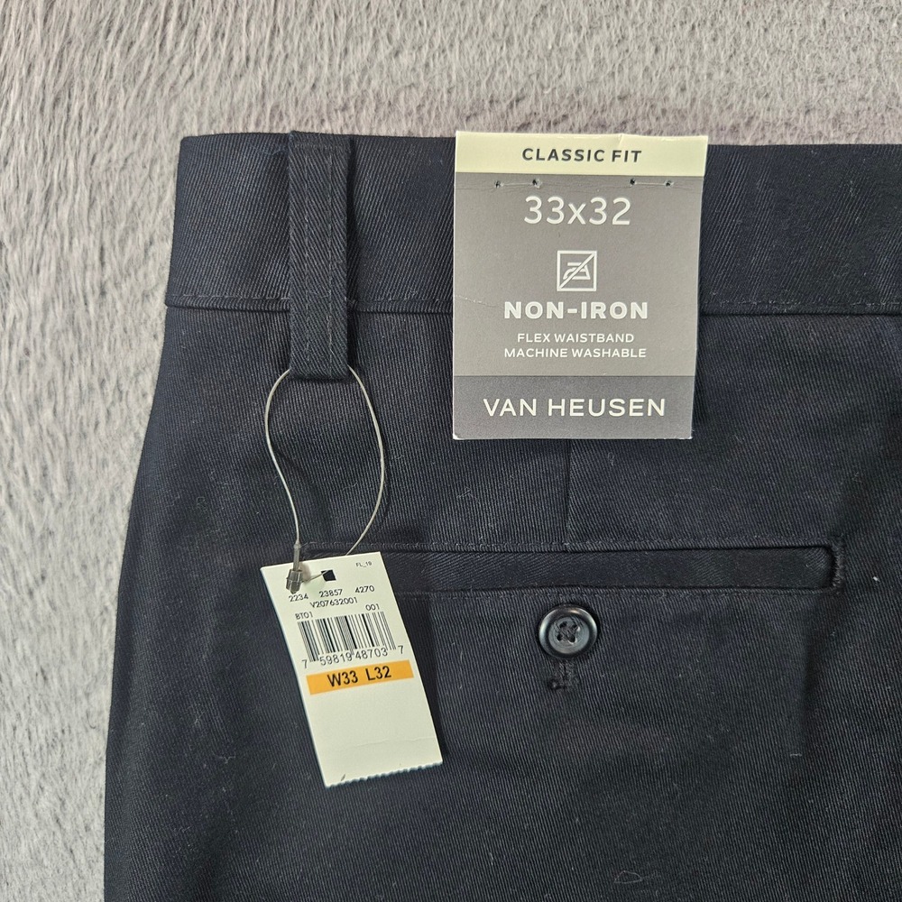 Van Heusen Mens Classic Fit Non-Iron Flex Waistband Chino Pants Black 33x32 NEW
